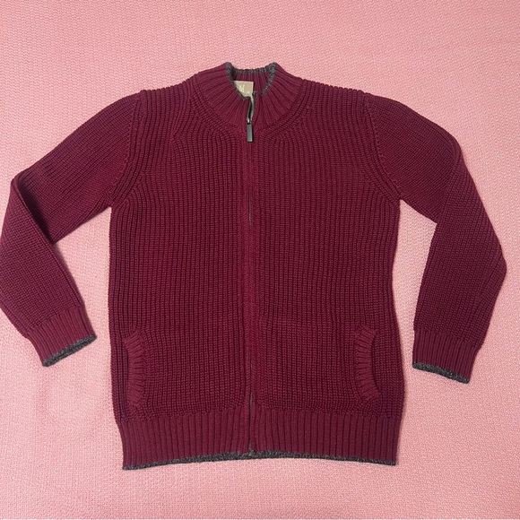 Aran sweater Men's Merino Wool Ribbed Cardigan size L claret - Picture 3 of 6